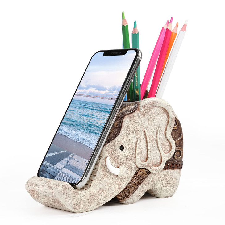 MOKANI Pen Pencil Holder with Phone Stand, Multifunctional Elephant Shaped Desk Organizer Desk Decor Elephant Gifts for Women Cute Desk Accessories H