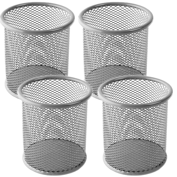 Ameceres 4 Packs Wire Mesh Pencil Holder Metal Pen Cup Desk Pen Organizer Case Pencil Jar Black for Office Home (Silver)