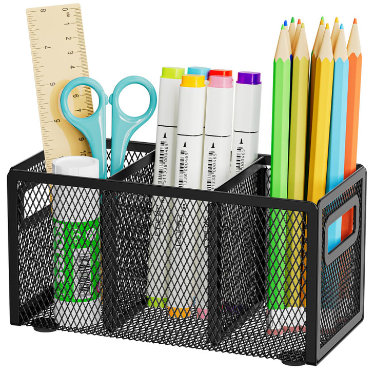 Marbrasse Mesh Pen Holder for Desk,Pencil Holder Desk Organizer 3 Adjustable Compartments,Pencil Cup with Handle Perfect for Classroom, Office, Home,
