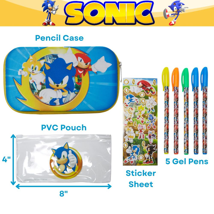 Innovative Designs Sonic the Hedgehog Pencil Case Set with Stickers and Gel Pens for Kids, Molded with Zip Closure, Blue