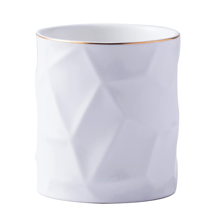 YOSCO Ceramic Irregular Round Pen Holder For Desk Cute Stand Gold Line Pencil Cup Pot Desk Organizer for Girls Makeup Brush Holder (White)