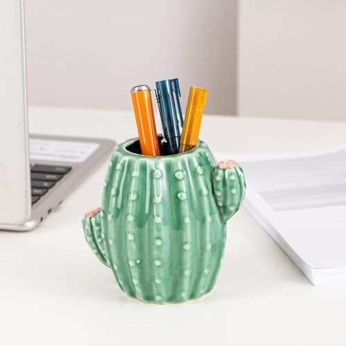 Aewill Ceramic Cactus Pen Holder Stand Cup Cactus Pencil Holder Organizer Makeup Brush Holders for Home Office Desk (Green Cactus)