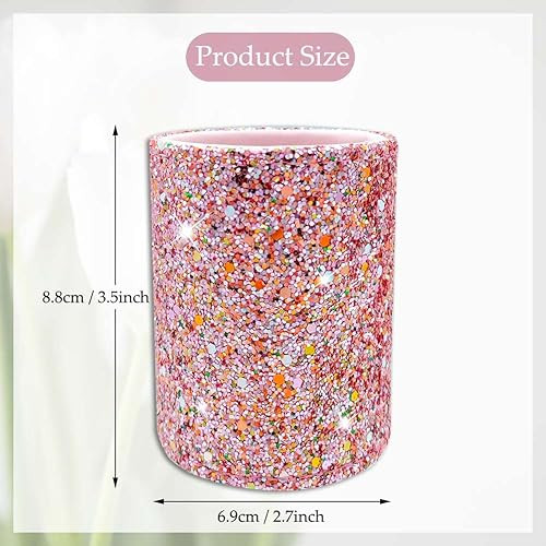 BIKCZEWIN PU Glitter Pink Pen Holder for Desk Cute Bling Office Accessories for Women Girls, Luxury Makeup Brush Holder Organizer Cup for Classroom H