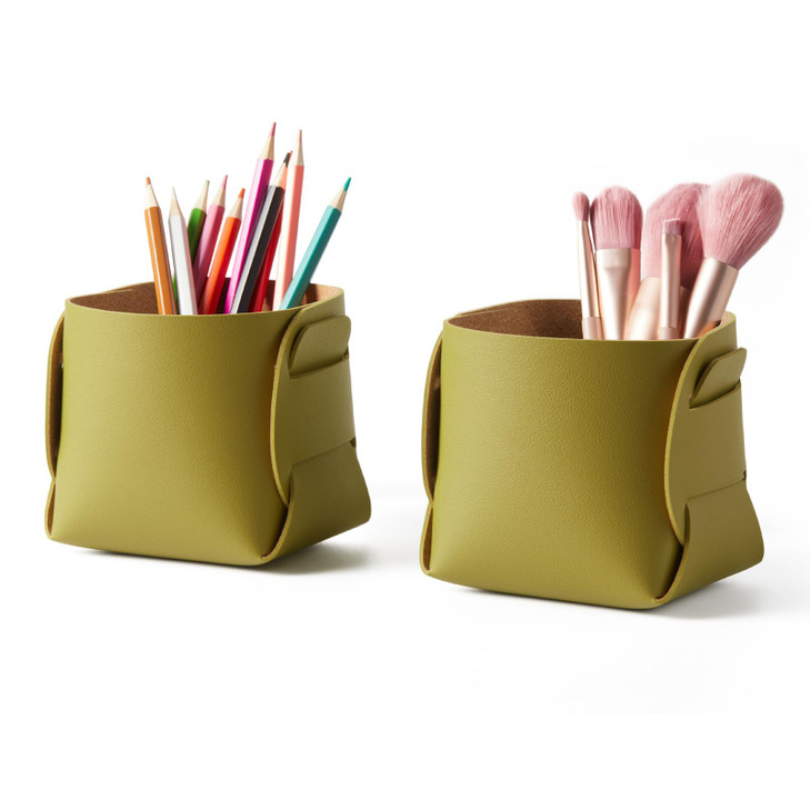HOMIEAZICOZI 2-Pack Cork Leather Desk Accessories Storage - Pencil Pen Holder - Makeup Brush Holder Organizer - Stylish Addition to Home Decor (Olive