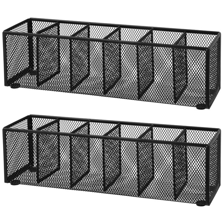 Teling 2 Pcs Mesh Desk Organizer Metal Mesh Pen Holder 6 Compartments Desktop Stationery Pencil Caddy Organizer Basket(Black)