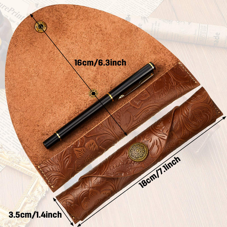Zonon 2 Pieces Vintage Handmade Leather Pen Case Carved Roll Leather Pen Holder for School Home Office, Brown and Black