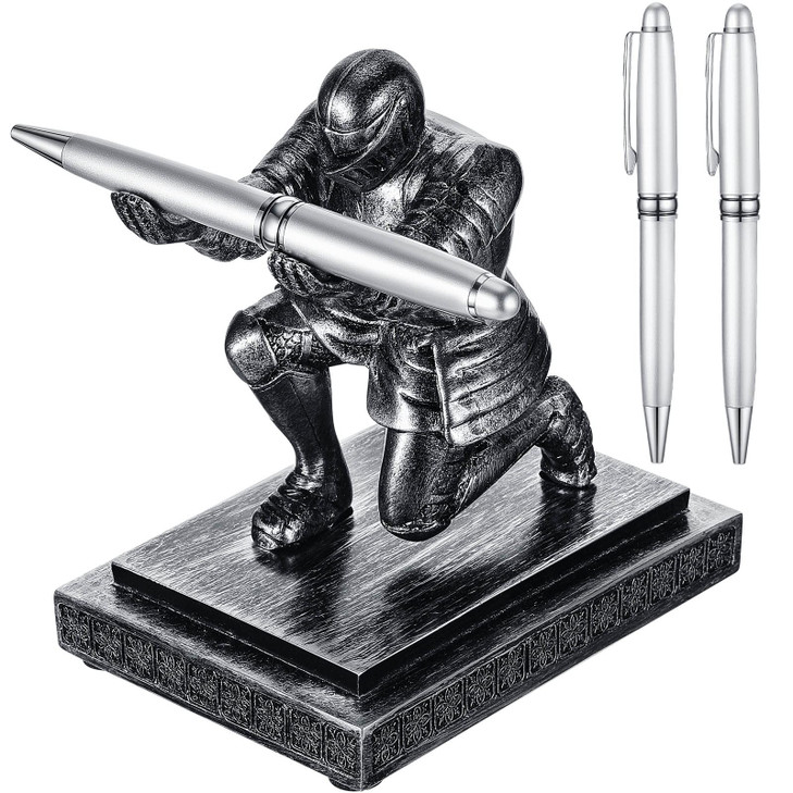 Spakon Knight Pen Holder with 2 Pens Resin Desk Organizers and Accessories Funny Executive Pen Stand Fancy Cool Office Gadgets Cool Desk Decorations