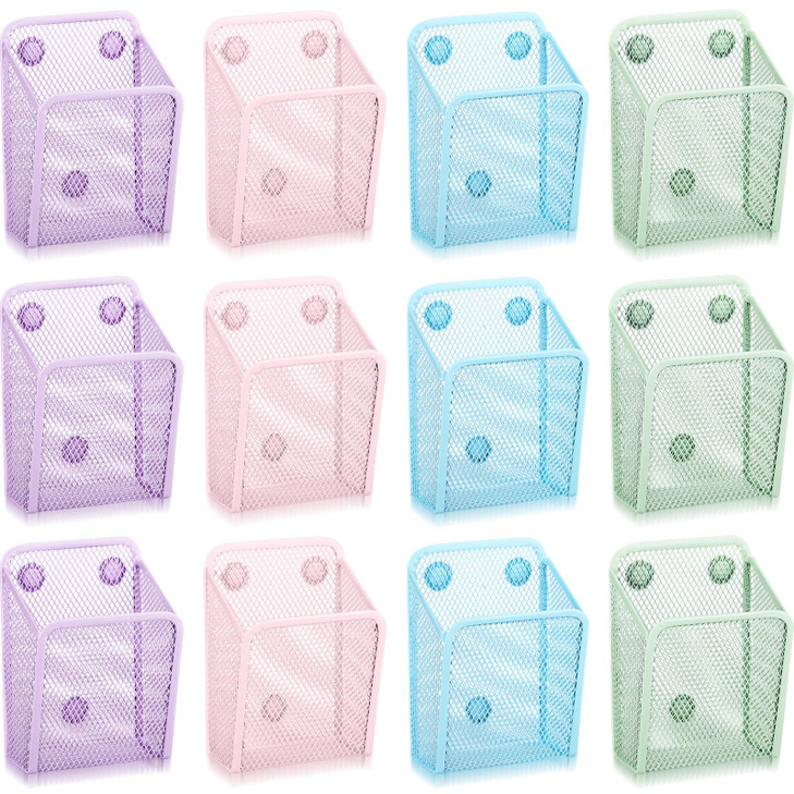 AmazingSpark 12 Pcs Pastel Magnetic Pencil Holder Mesh Stainless Steel Pen Basket Metal Pencil Locker Organizer Accessories for Fridge Whiteboard Hom