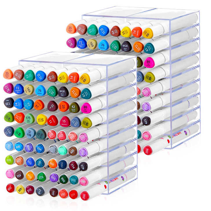 MotiMind 2 Pcs Acrylic Marker Organizer Desktop Storage Hold 144 Marker, Clear Pencil Holder Stand Art Brushes Stationary Display with 18 Compartment