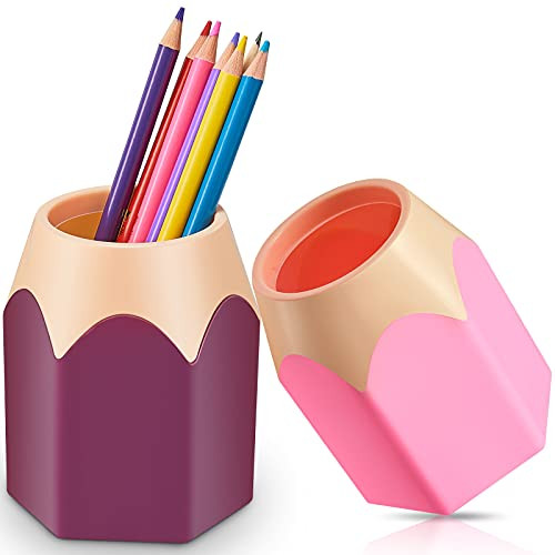 2 Pieces Pencil Shaped Pen Holders Pencil Storage Organizer Cute Desktop Pen Cup for Back to School Makeup Brush Container Cartoon Stationery Rack fo