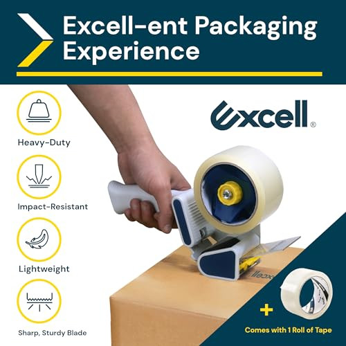 Excell Safeguard Packing Tape Dispenser with 1 Roll Transparent Tape, 2 Inch Wide Tape Gun with Pushflap Technology for Effortless Packaging, Box & C