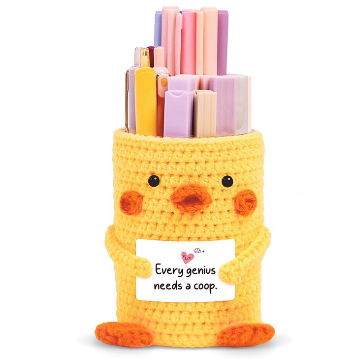 SKYDUE Crocheted Pen & Pencil Holder with Inspirational Card - Handmade Desk Organizer for Office, School, Home - Functional Desk Decor Pen Cup