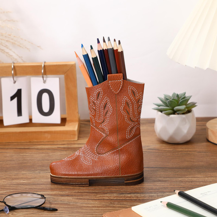Sherr Back to School Supplies 6 Inch Cowboy Boot Pencil Holder Leather Pen Holder for Desk Western Cowboy Boot Vases Makeup Brush Organizer Back to S