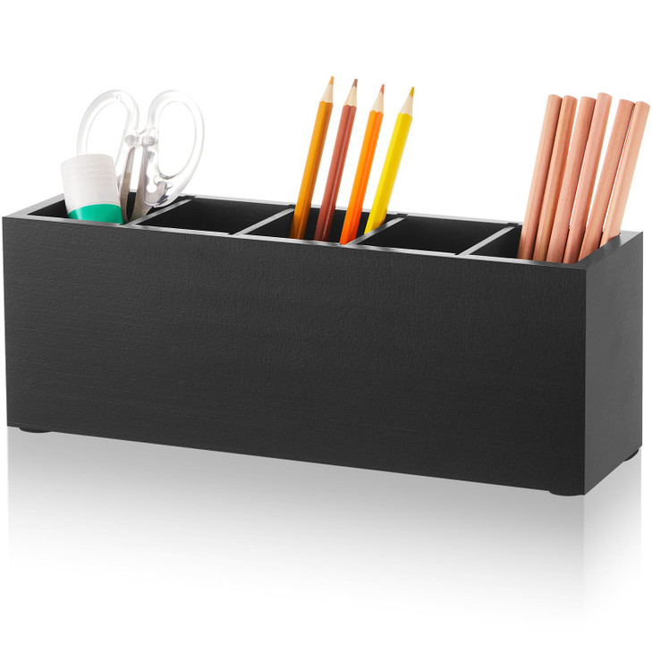 Jetec Wooden Pencil Holder 5 Compartments for Desk Adjustable Pen Holder Wood Office Desk Organizers and Accessories Makeup Brush Organizer for Pen,
