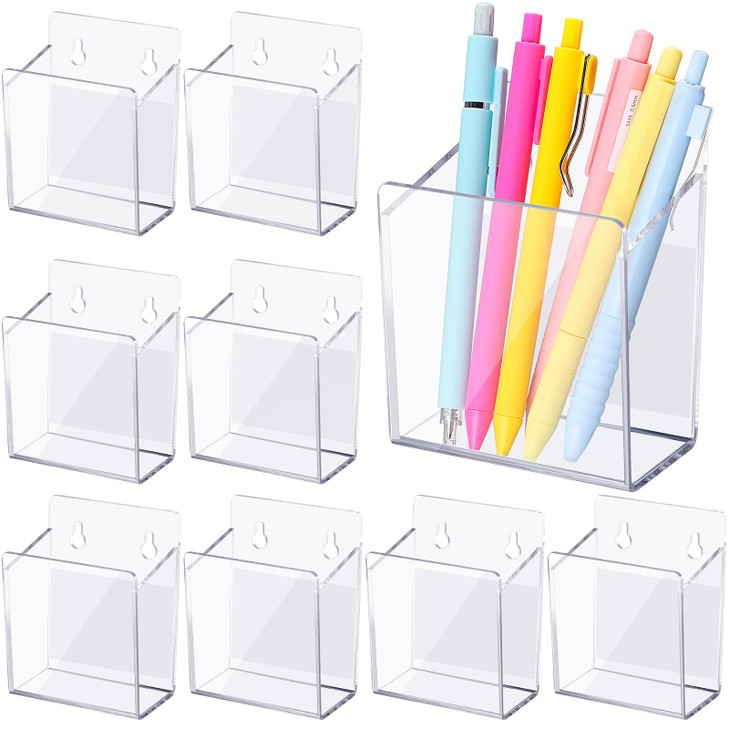 Chivertion 8 Pcs Acrylic Wall Mounted Marker Holder Acrylic Pen Holder Adhesive Glass Whiteboard Dry Erase Marker Organizer with Tapes Hanging Holes