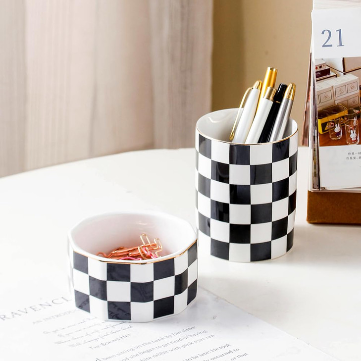YOSCO Aesthetic Desk Organizer Set of 2 For Office, Pen Holder and Paper Clip Holder Dispenser, Checkered Ceramic Cute Pencil Cup Pot, Desktop Access