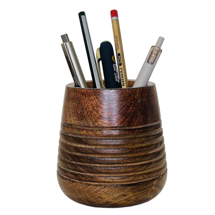 Mie Creations Wooden Pencil Holder for Desk Table | Wood Pen Cup, Rustic Office Desktop Organizer, Paintbrush Stand, Makeup Brush Holder | Modern Sta