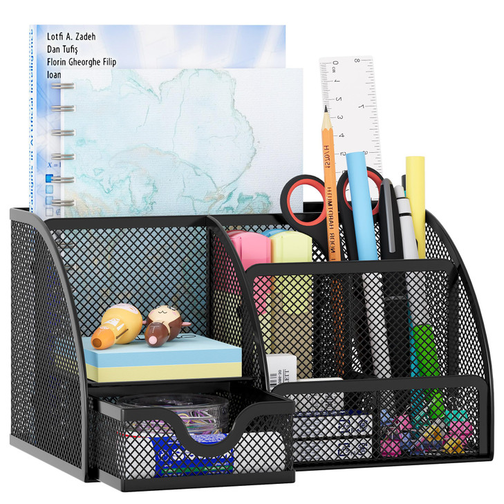 EasyPAG Mesh Desk Organizer with Drawer Multi-functional Pen Holder Stationery Organizer for Office School Supplies 6 Compartments Dorm Organizers an