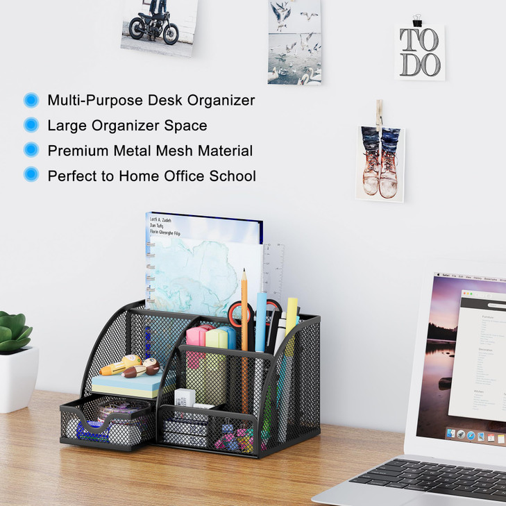 EasyPAG Mesh Desk Organizer with Drawer Multi-functional Pen Holder Stationery Organizer for Office School Supplies 6 Compartments Dorm Organizers an