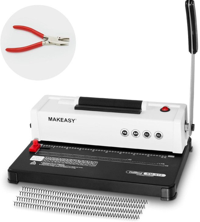 MAKEASY Spiral Binding Machine, 4:1 Pitch, 12 Sheets Punch Capacity, Electric Coil Insert, Book Binder Machine for A4/A5/Letter Size Paper, Come with