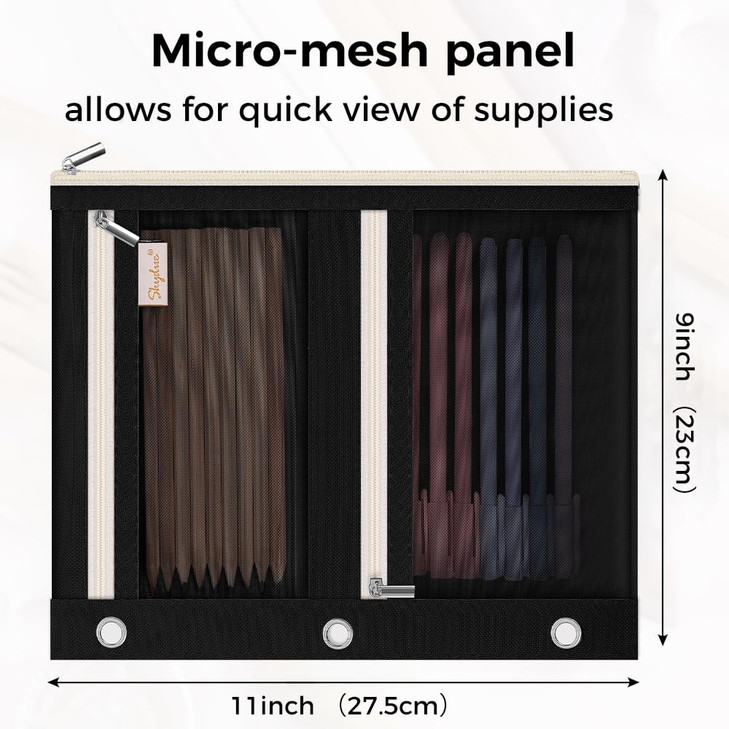 SKYDUE Pencil Pouch for Binder, Pencil Case, 3 Ring Binder Pencil Pouch with 3 Pockets and Mesh Window, Zipper Pencil Pouch, Durable Organizer for Sc