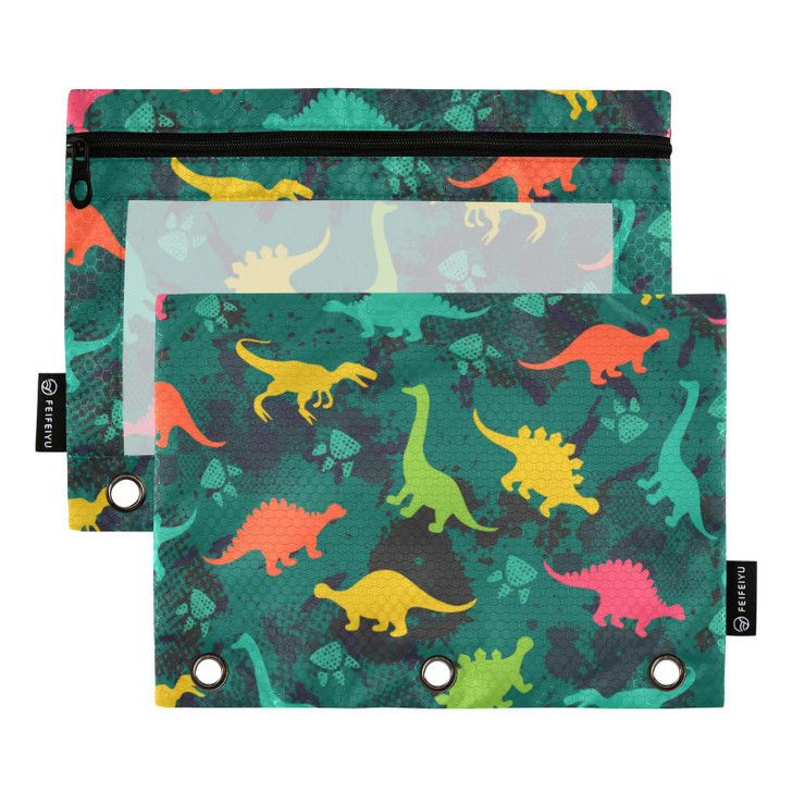SUABO Colorful Dinosaurs Green Pencil Pouch for 3 Ring Binder, Pencil Bag Pencil Case Cosmetic Bag with Zipper Clear Window for Office Travel Cosmeti