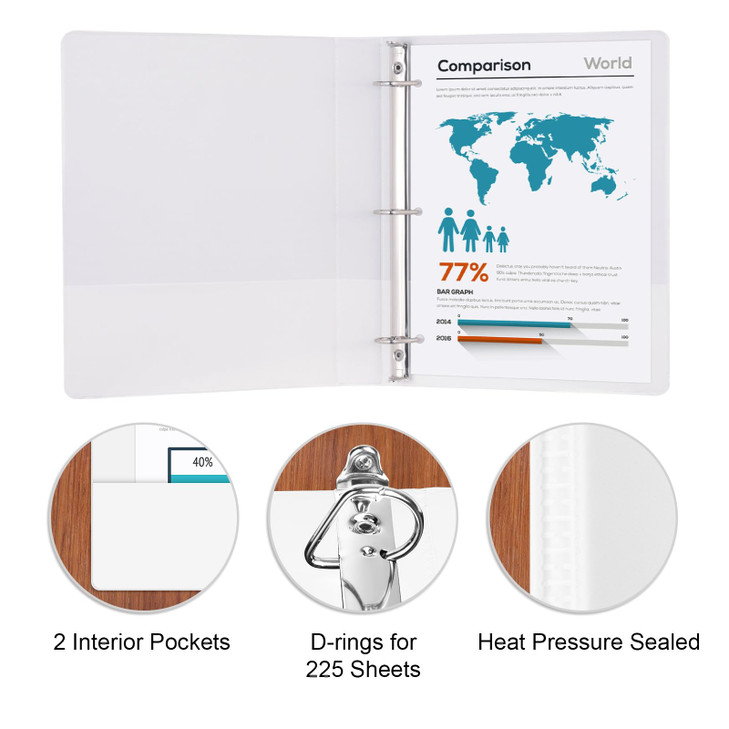 Comix Sturdy 3-Ring-Binder 1-inch D Ring Binders, 2.4mm-Thick, Hold 225 Sheets of 8.5" x 11" Paper, 8 Pack (White)