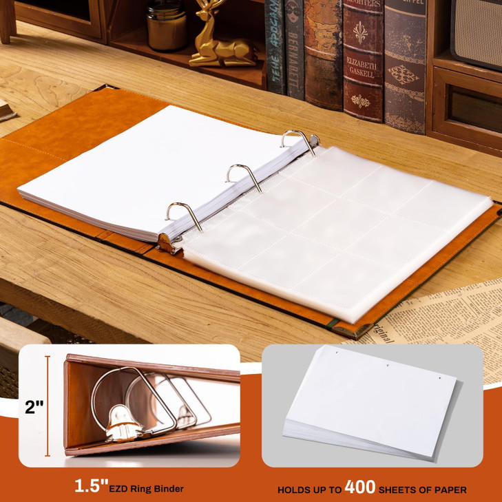 Ovesmusl Leather D Ring Binder Fits 8.5"x11" Letter Size Paper, 1.5 Inch D-Ring Binders Holds 400 Sheets, Notepad Paper Cover Loose Leaf Organizer wi