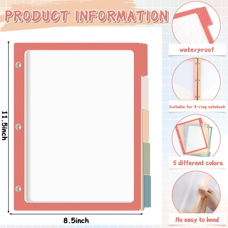 30PCS/6 Set 3 Ring Binder Dividers with Tabs 5 Color Page Dividers for 3 Ring Binder with Tabs 11.5×8.5inch Clear Folder Divider 3 Ring File Organize