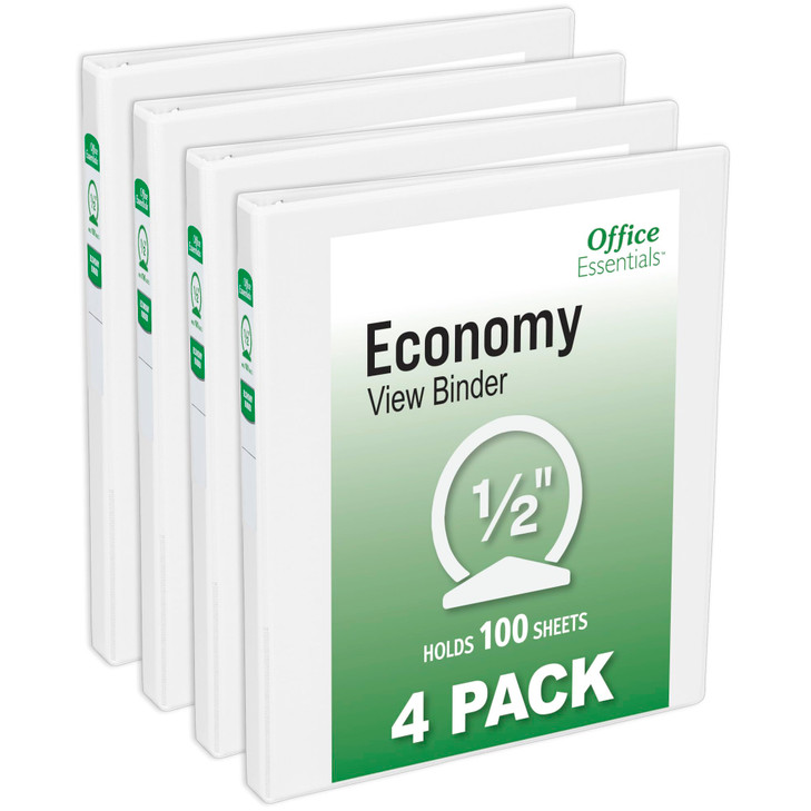 Office Essentials Economy View 3 Ring Binders, 0.5" Round Rings, 0.7" Spine, 100-Sheet Capacity, White Binders (4-Pack of 03124)