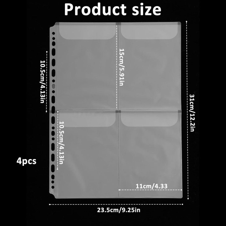 4PCS Binder Sleeves with Pockets, A4 Binder 4 Pocket, Protectors Clear Binders Sleeves, Plastic Binders Pockets with Pocket for Photocard Sleeve Fili