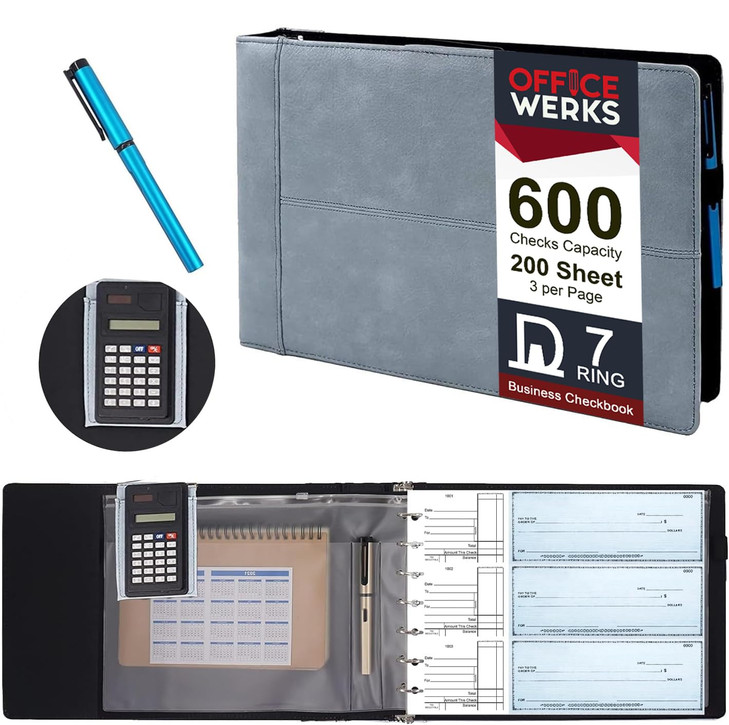 Office Werks Executive Check Binder with Calculator & Pen Included  7 Ring Zippered Checkbook Portfolio, 9x13 Organizer Holds 200 Sheets (600 Checks