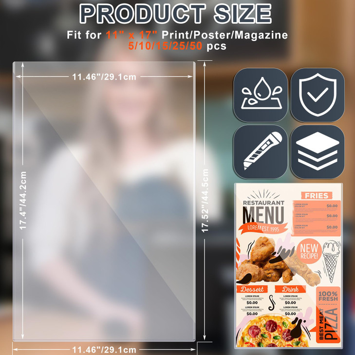 AKONEGE 5Pcs 11" x 17" Rigid Print Protectors Hard Plastic Sleeves for Prints, Menu Cover, Heavy Duty Sheet Poster Protectors Clear Plastic Sleeves f