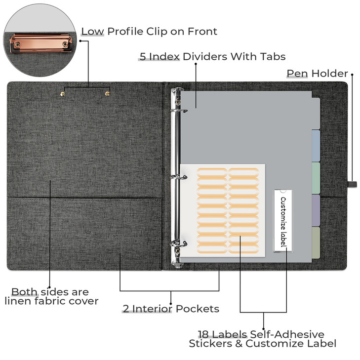 EYROZILL 3 Ring Binder, 1 Inch Linen Binder Organizer for Letter Size (8.5" x 11") with 5 Tab Dividers, File Folder Labels and Low Profile Clipboards
