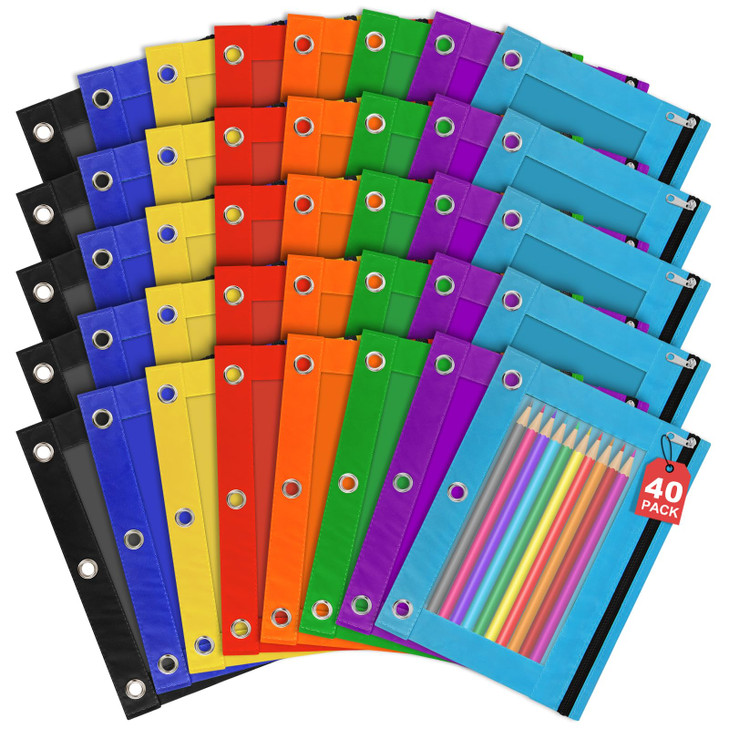 IKAYAS 40Pcs Colorful Pencil Pouch for 3 Ring Binder, 3 Ring Binder Pencil Pouch Bags for Classroom, Bulk Pencil Case Pencil Box