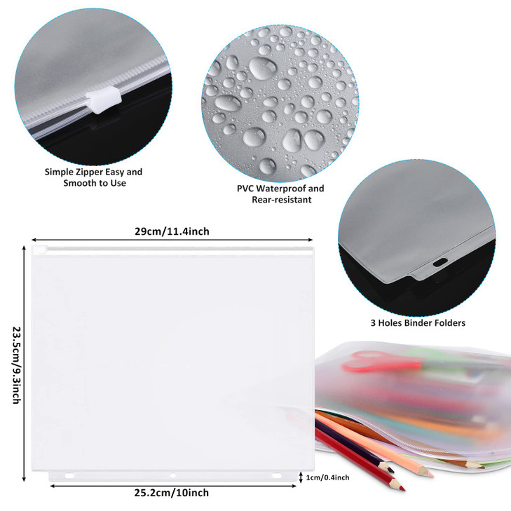 Zonon 30 Pcs A4 3 Rings Tansparent Zipper Binder Pouches Clear Binder Pockets with Zipper Folders Waterproof PVC Loose Leaf Bags Filling Bags for Pen