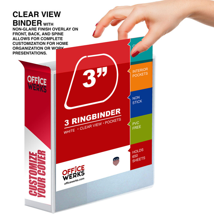 Heavy Duty 3 Ring Binders 3 Inch D-Ring, Holds 725 Sheets, 6 Pack White with Clear View Covers & 2 Pockets for 8.5x11 Paper, Office School Supplies