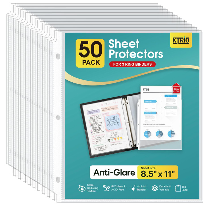 KTRIO 50 Pack Sheet Protectors for 3 Ring Binder, Non Glare Clear Page Protector, Plastic Document Sleeves Fits Standard 8.5 x 11 Paper, Top Loading,