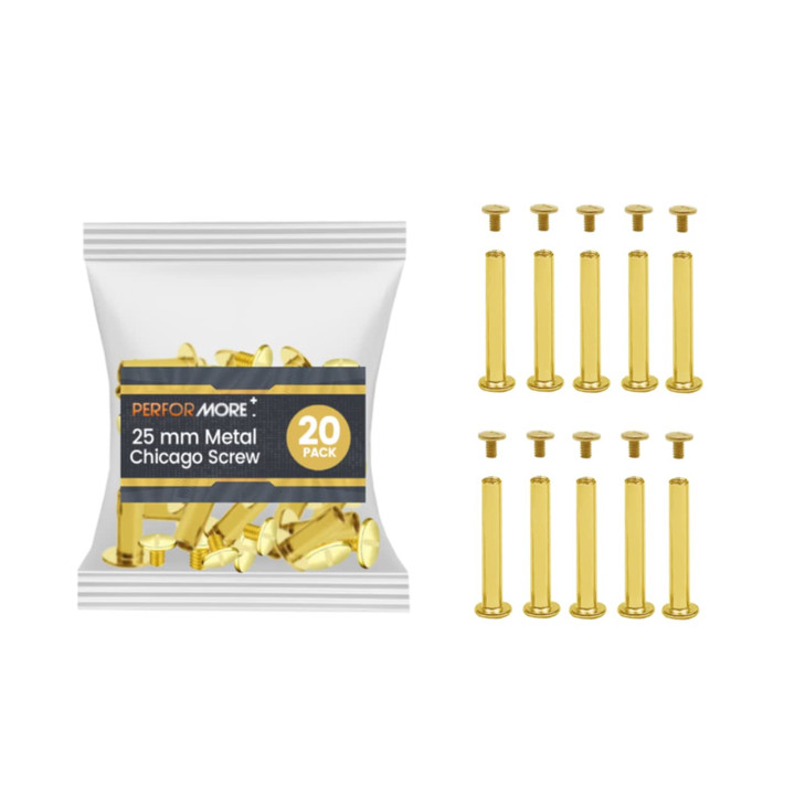 20-Pack 25mm Brass-Plated Chicago Screws Binding Posts  Reusable Metal Screw Posts with Round Head, Slotted Drive  for Scrapbooking, Leathercraft,