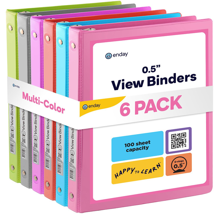 Enday 1/2 inch Binder 3 Ring Binder (6 Pack - Assorted Colors) O-Ring Binder with Clear View Cover and 2 Inside Pocket - for Letter Size 8.5 x 11'' P