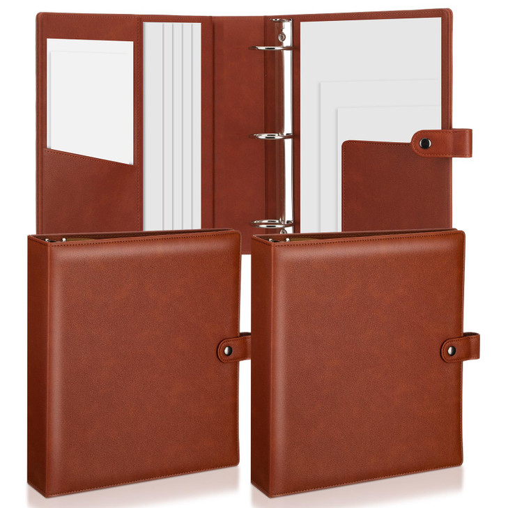 ReliThick 2 Pcs Vintage Leather Binder 3 Ring 2" Round Rings Holds 8.5"x11" Paper Letter Size Brown Binder with Snap Closure Interior Pockets Office