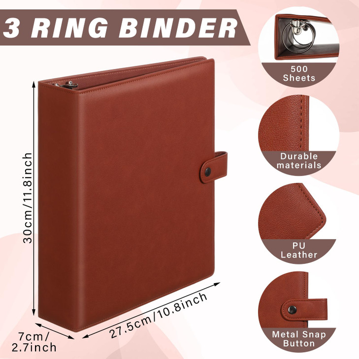 ReliThick 2 Pcs Vintage Leather Binder 3 Ring 2" Round Rings Holds 8.5"x11" Paper Letter Size Brown Binder with Snap Closure Interior Pockets Office