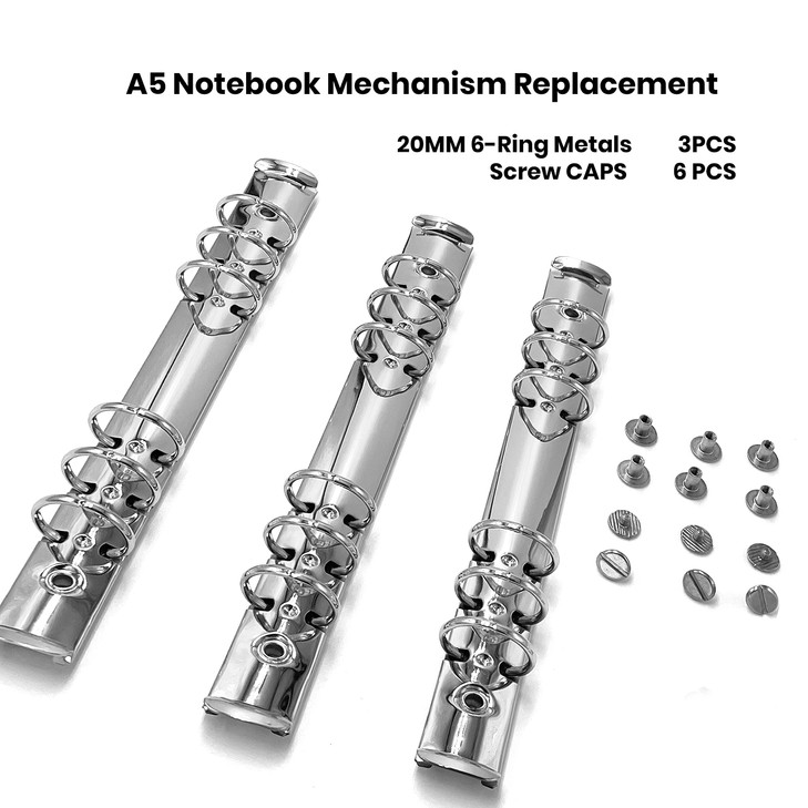 Performore 3 Pack of A5 Notebook Mechanism Replacement Kit, 20mm 6-Ring Metal Binder Mechanisms for Loose Leaf Notebook Planner Binding Accessories,