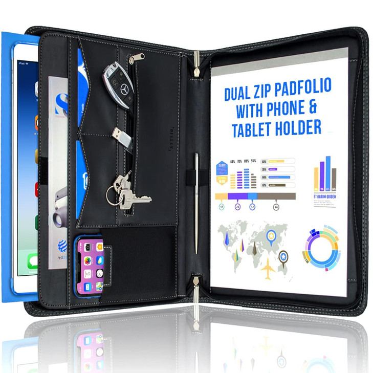 STYLIO Zipper Padfolio Portfolio Binder Organizer | Faux Leather Portfolio for Resume, Documents, Phone, Tablet, Business Supplies and Cards | Notebo