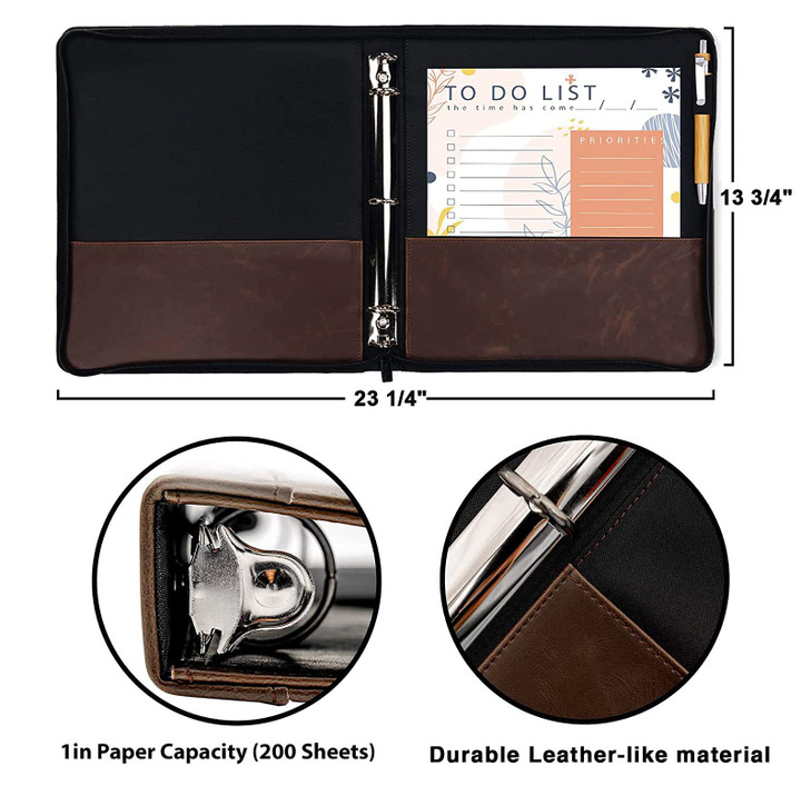 Ring Binder Depot Faulkner Vintage Professional 3 Ring Zipper Binder Organizer, 1.5 Inch Round Rings, 8.5 x 11 Sheet Size, 2 Inner Pockets, 1.6 Spine