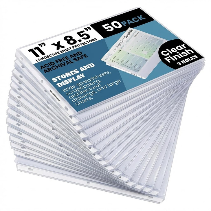 Performore 50 Sheet Protectors, Landscape Clear Sheet Protectors 8.5 X 11 Inch for 3 Ring Binder, Plastic Sheet Sleeves, Top Loading with 3 Hole-Punc