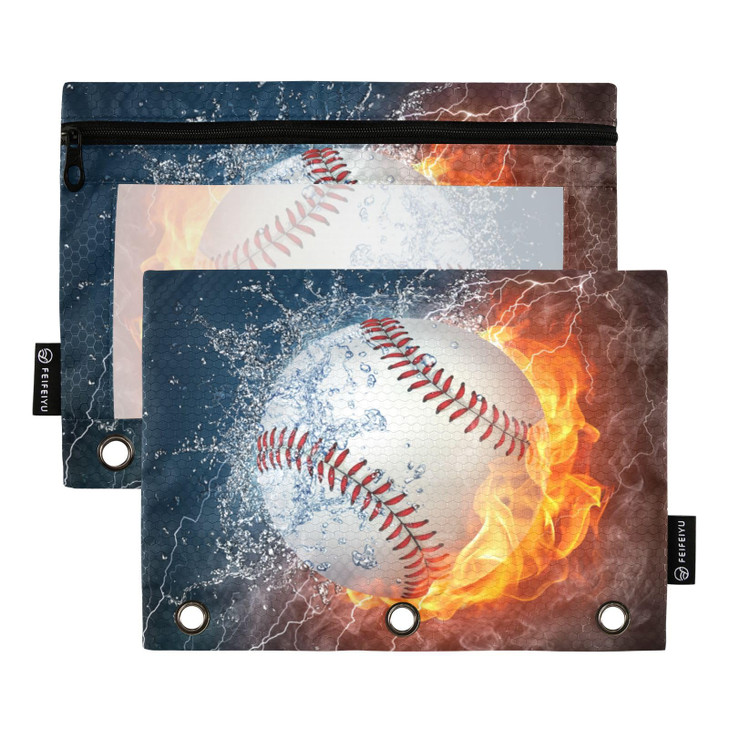 Emelivor Baseball Pencil Pouch for 3 Ring Binder 2 Pcs Pockets Pencil Pouches Bag with Clear Pencil Case Cosmetic Bag for Office College Daily Suppli