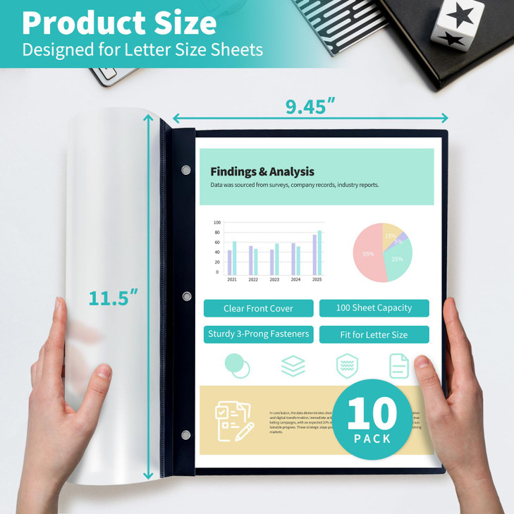 Binditek 10 Pack Heavy-Duty Clear Front Report Covers with 3 Prongs, 100-Sheet Capacity, Plastic Report Folder with Black Back Covers, 3 Metal Prongs