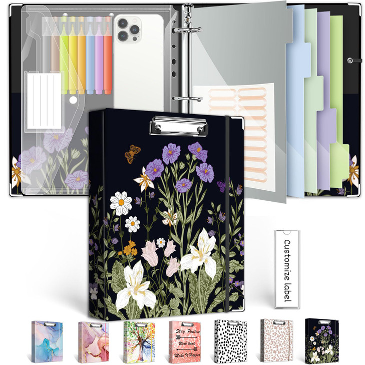 3 Ring Binder 1 Inch, Three Ring Binders Organizer with Clipboard, 5-Tabs Pockets Dividers, Plastic Folder, 18 Divider Stikers, BVSSX Pretty Binder w