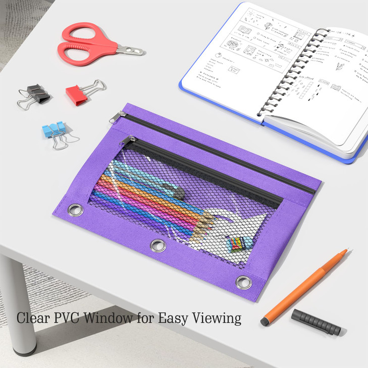 DoDoMagxanadu Binder Pencil Pouches, Pencil Pouch for 3 Ring Binder, Double Pocket Clear Window Pencil Case for Binder, Zippered Pencil Pouches with